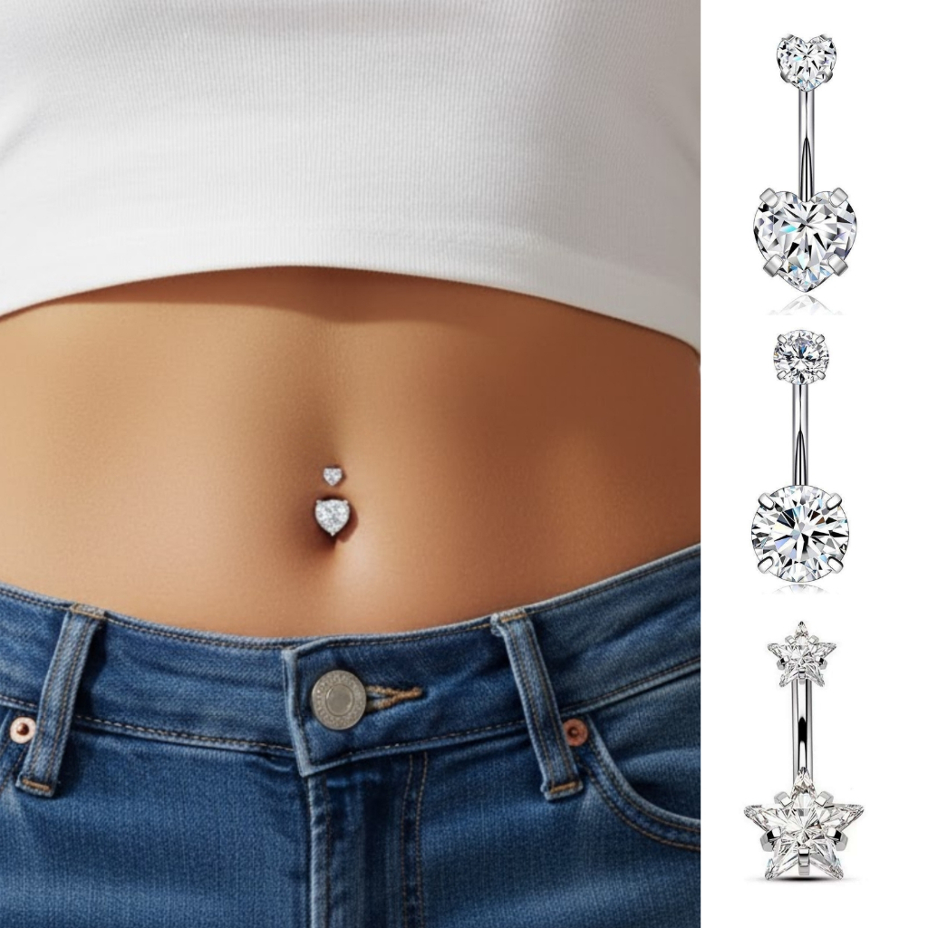 Piercings de Umbigo Ponto de Luz Duplo Coração Zircônia Femininos Acessórios Anti Alérgico em Oferta na Shopee