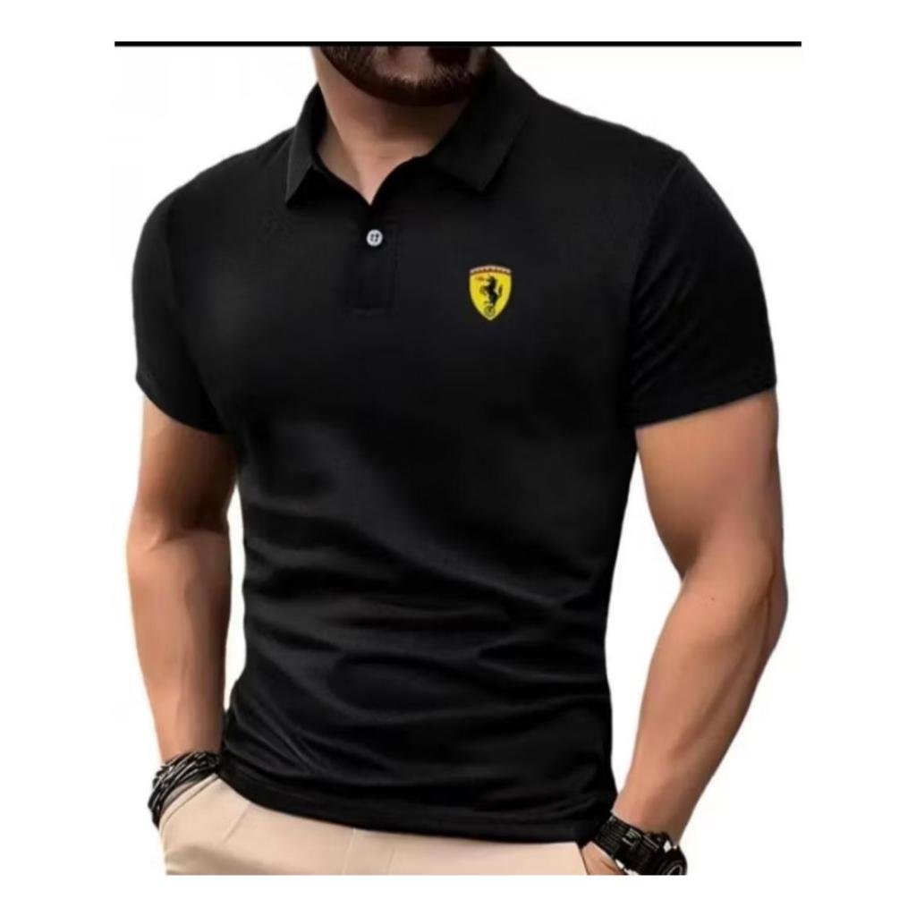 Camiseta Gola Polo Malha Piquet Masculina Despojada Estilosa Estampada Ferrari