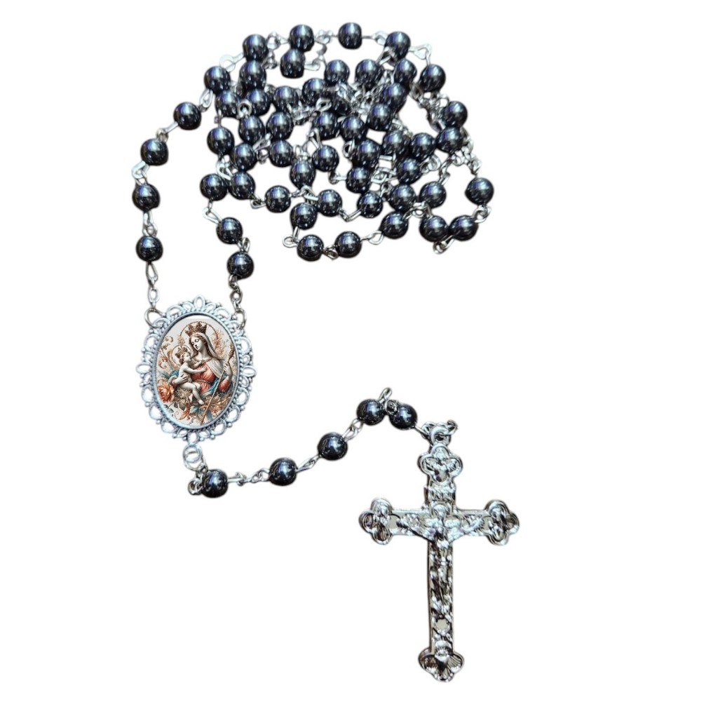 terço luxo hematita Nossa senhora auxiliadora -terço longo passa pelo pescoço - rosario terço dezena religioso