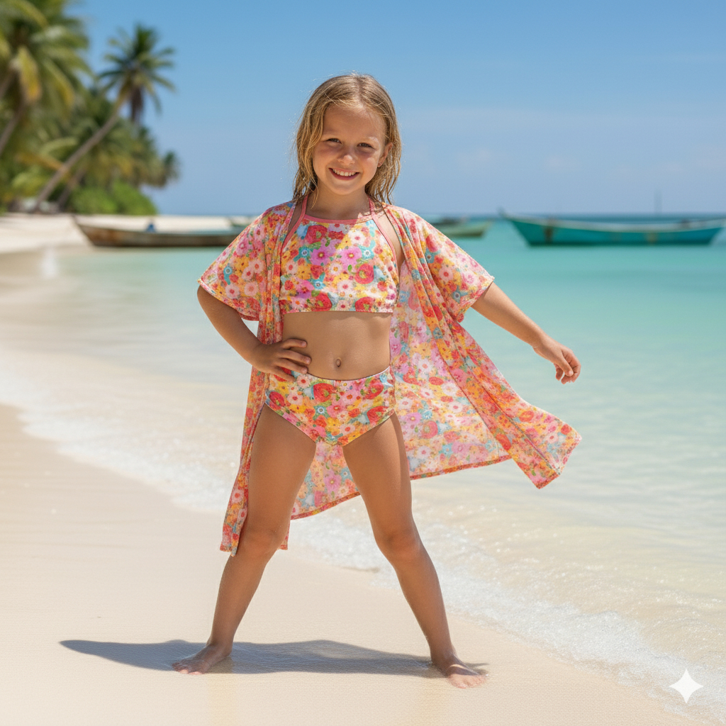 Biquini Com Kimono Moda  Estampa Cores Coloridas Saida de Praia Infantil Menina Mini Diva Blogueira