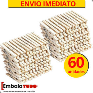 Prendedores Pregadores Roupa Madeira Artesanato Embalagem c/ 60 unidades Grampo de Madeira em Oferta na Shopee