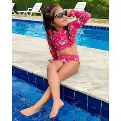 Biquini Infantil Cropped Manga Longa Praia/Piscina, Biquine manga banho Estampada Proteção Uv 50+