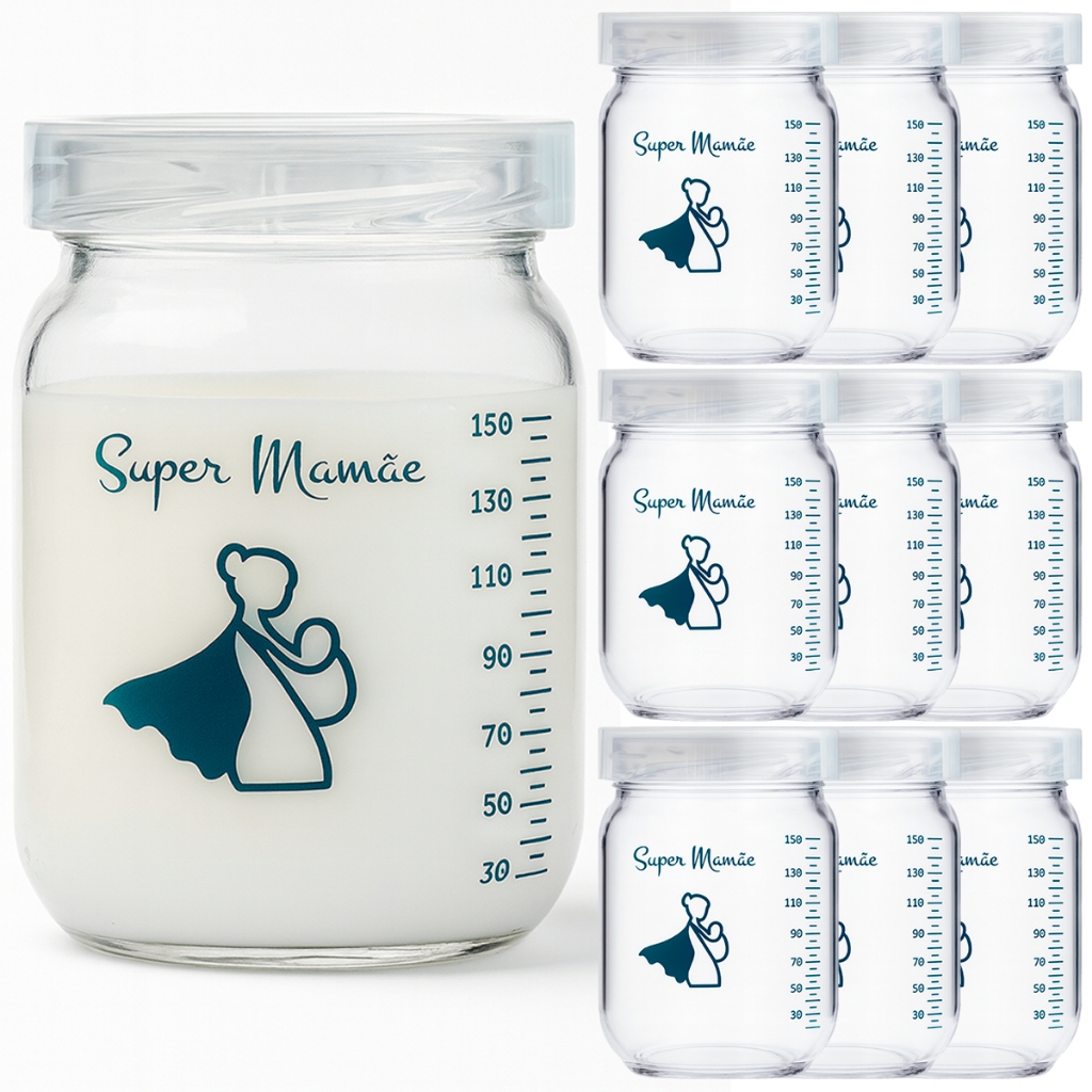 Kit Potes de Vidro 150ml para Leite Materno Super Mamãe Original – Tampa Plástica e Graduação
