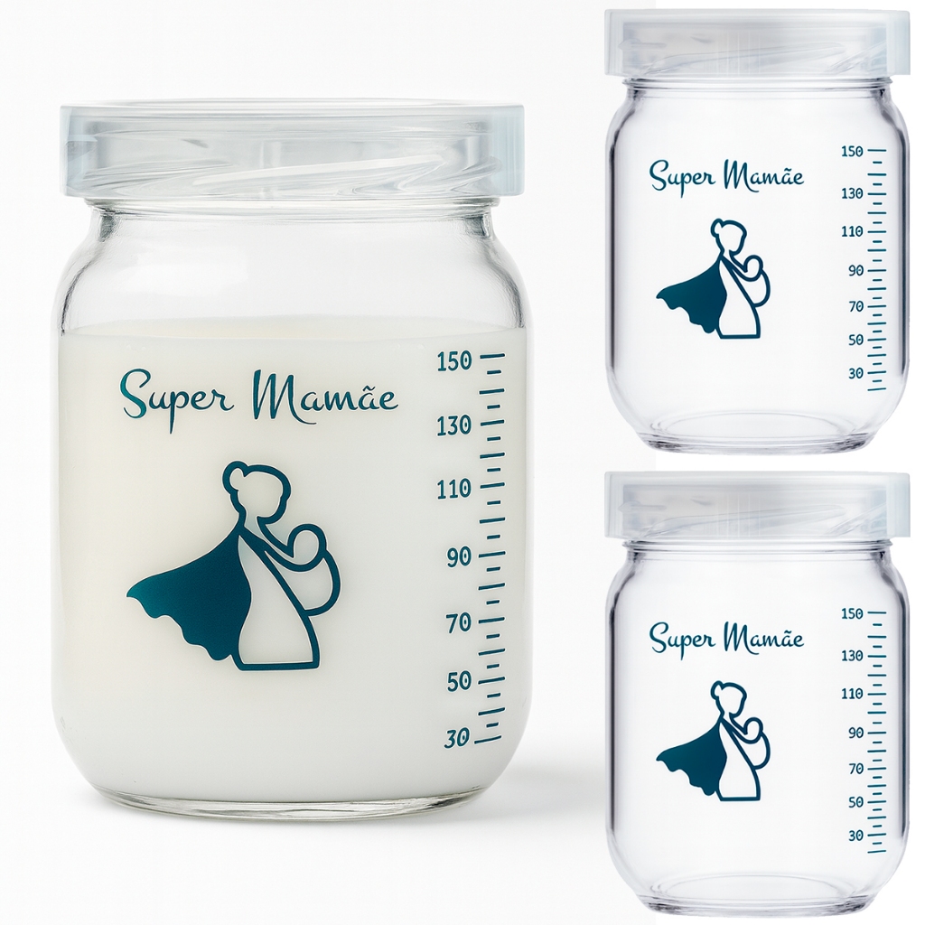 Kit 3 Potes de Vidro 150ml para Leite Materno Tampa BPA Free Graduação Permanente Congela e Esteriliza em Oferta na Shopee