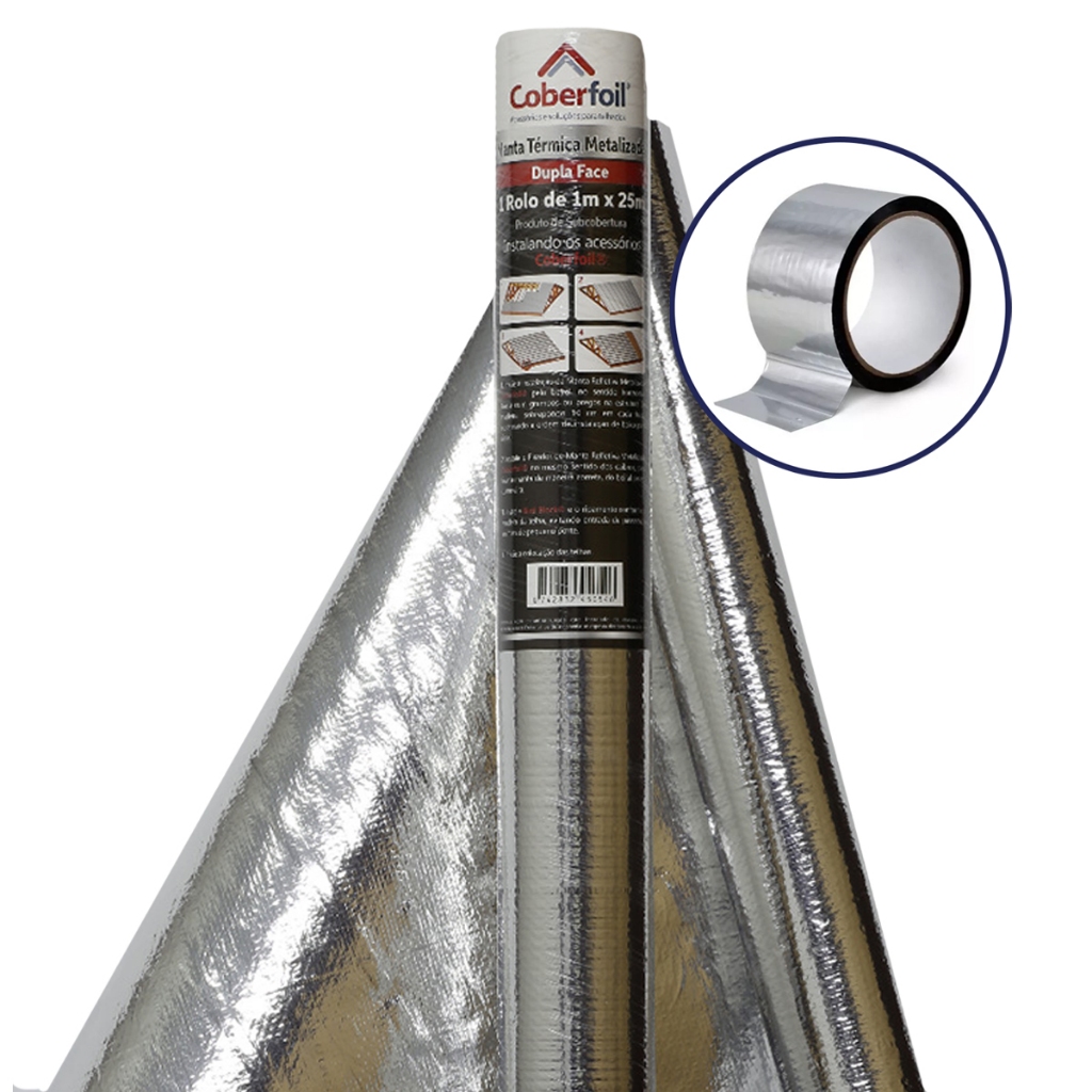 Manta Térmica Dupla Face 25m + Fita Adesiva Metalizada Isolante Calor Umidade Telhado Calor Telhado