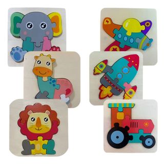 BAMBULUÁ Kit 03/06 Quebra Cabeça Tabuleiro Encaixe Madeira Animais Transporte Brinquedo Didático