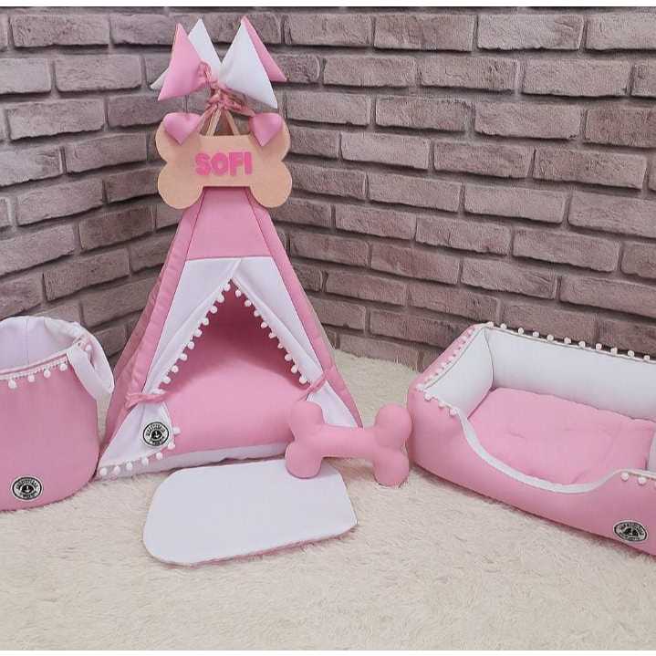 Kit Pet Caminha G Cesto Organizador Brinquedos Rosa Branco Plaquinha Personalizada