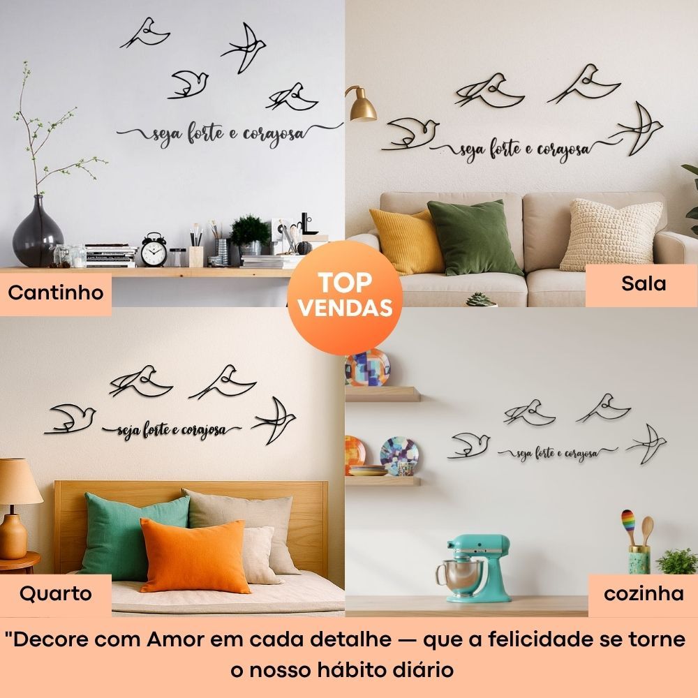 Frase de parede Seja forte e corajosa + kit com escultura 4 Passaros Minimalista Sala Cabeceira decorativa — imagem 2 de 2