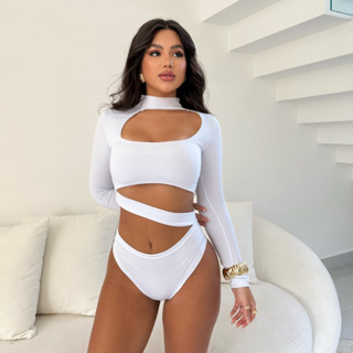 Body Bodi Bory Feminino Collant Com Recorte Manga Longa Gola Alta Com Recortes E Decote Tecido Elástico Barato em Oferta na Shopee