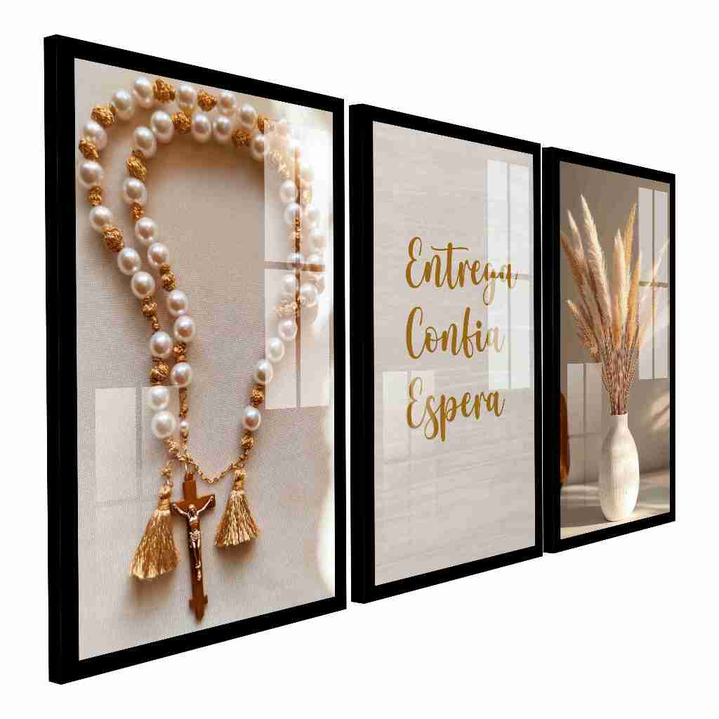 Quadro Decorativo Frase Entrega Confia Espera Boho Terço Oração Sala Quarto em Oferta na Shopee