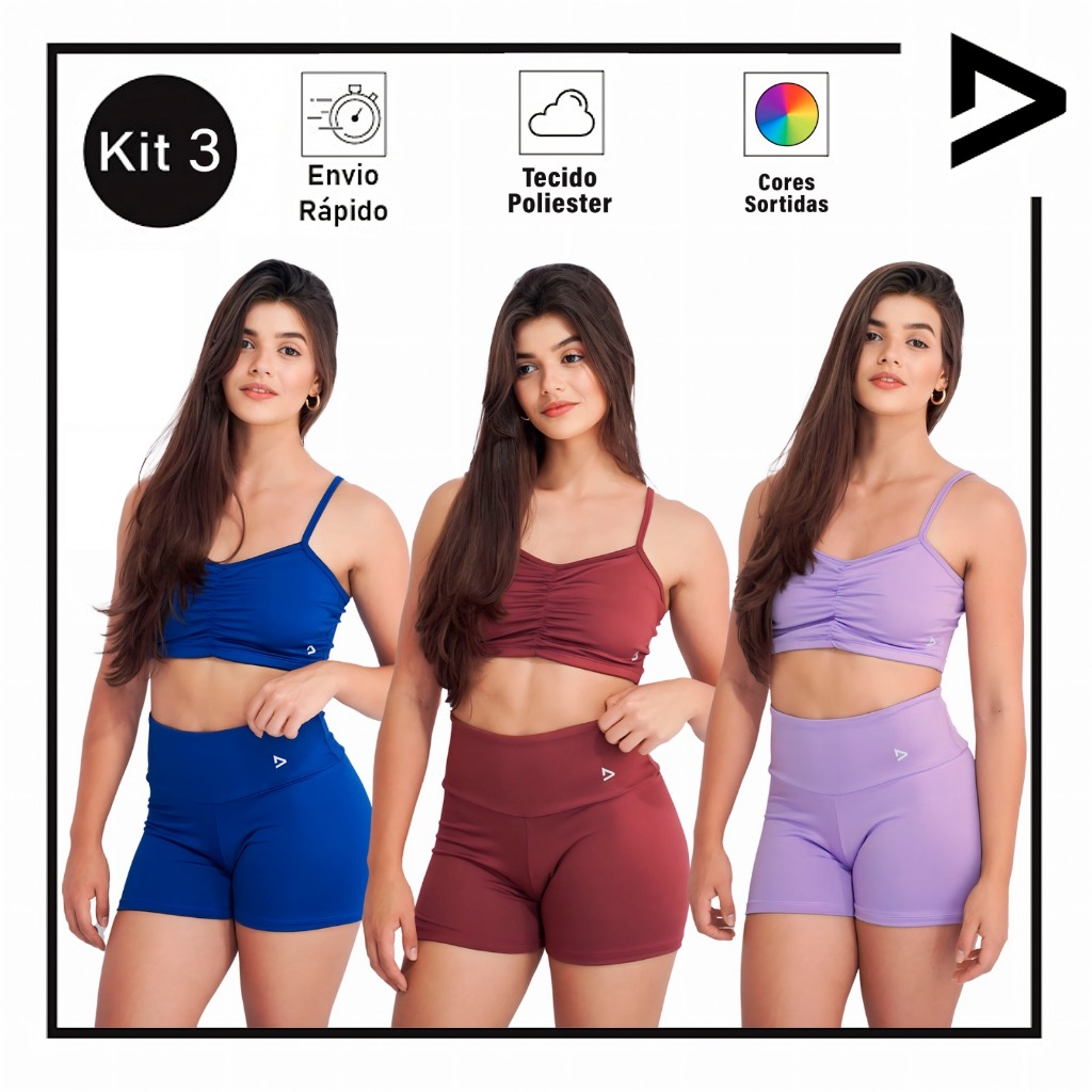 Kit 3 Conjuntos Fitness Feminino Blackout Top + Short Cintura Alta Zero Transparência Academia