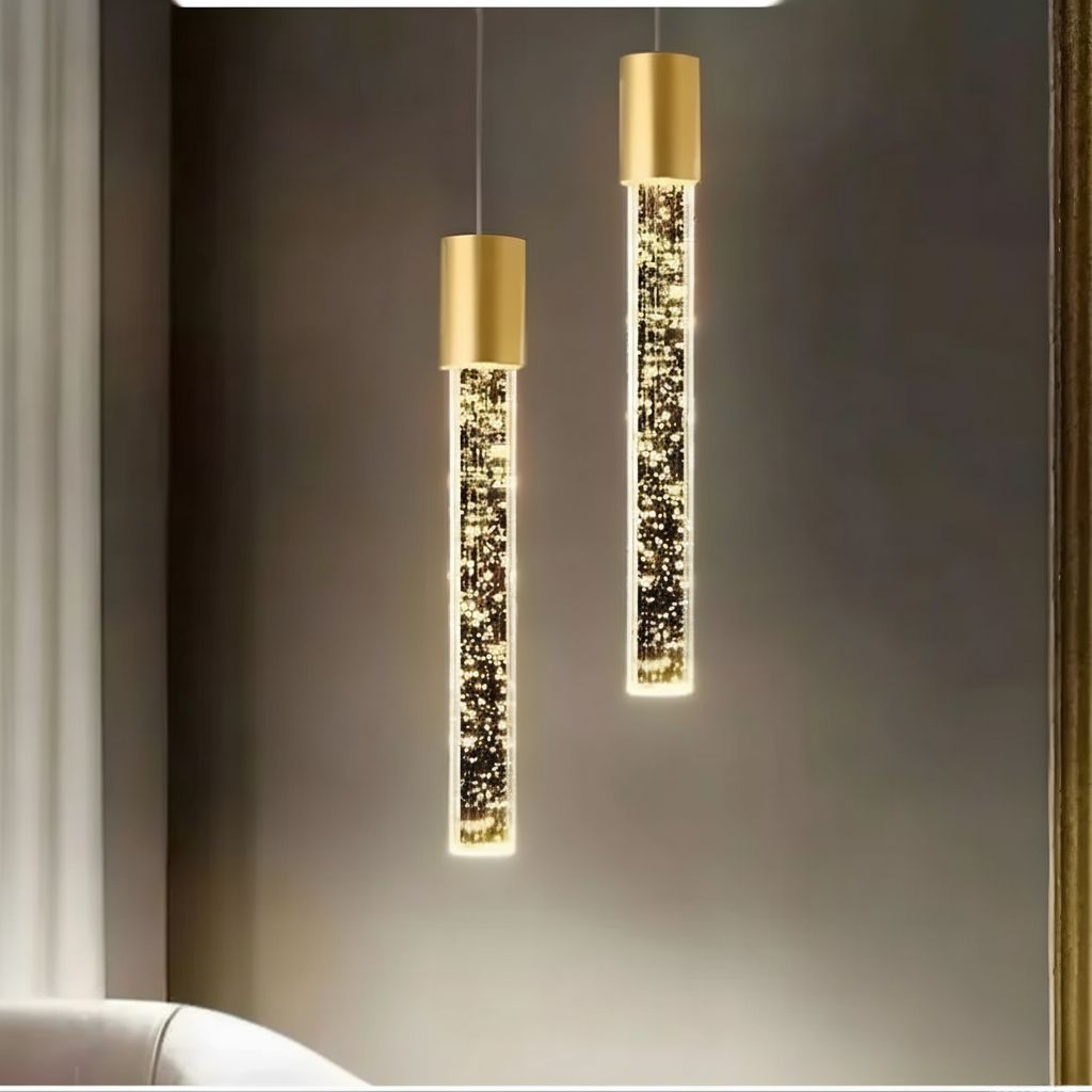 Lustre Pendente LED Tubo de Cristal Dourado 20/38cm 3 Cores em 1 – Luz Quente, Fria e Neutra