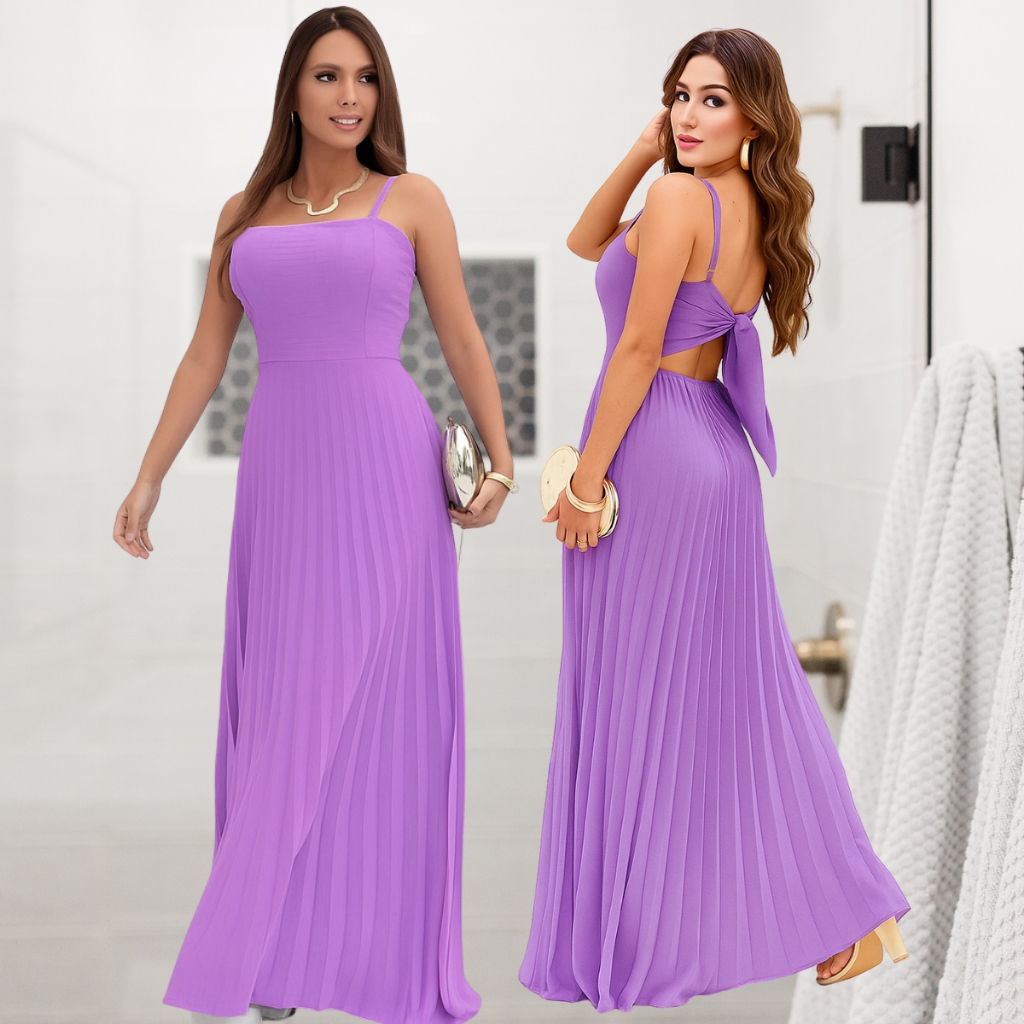 Vestido Feminino Longo Plissado Alças Regulável Forrado Com Bojo Tecido Duna em Oferta na Shopee