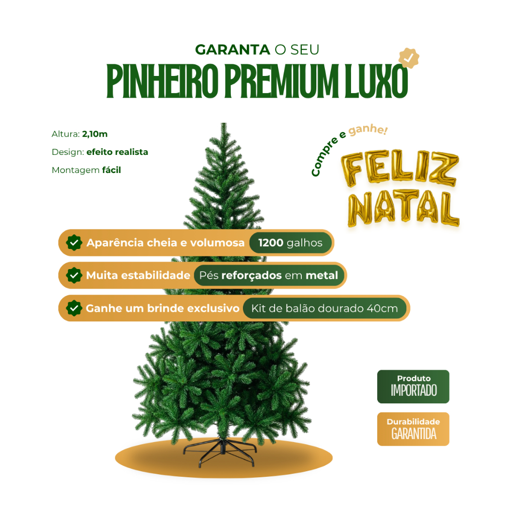 Árvore De Natal Cheia 2,10 Metros 1200 Galhos Pinheiro Premium Luxo + BRINDE - Noel Collec...