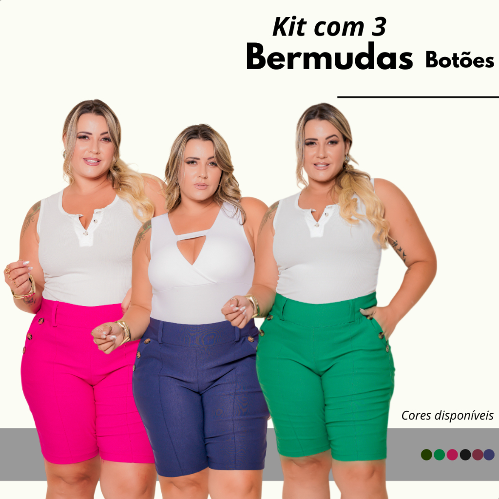 Kit Com 3 Bermudas Feminino Plus Detalhes Em Botão Nos Bolsos Elastano/ Elasticidade Veste 44 Até 52 em Oferta na Shopee