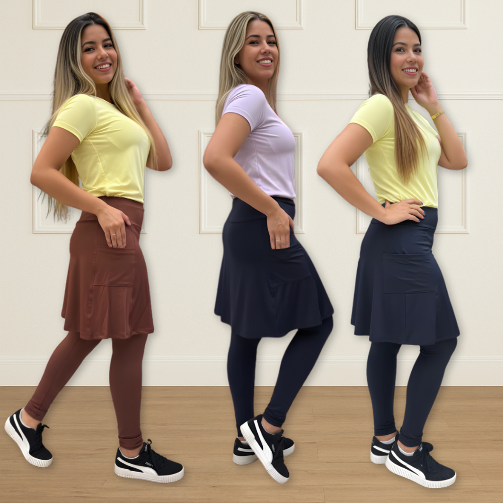 Conjunto Fitness Evangélica Saia Legue Com Bolso Blusa Dry Fit Uv50+ Academia Cristã em Oferta na Shopee