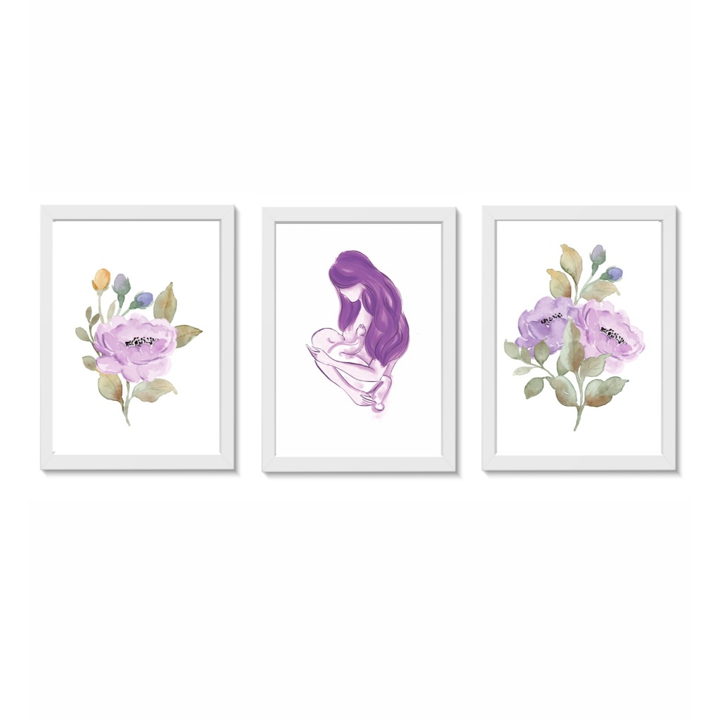 Kit 3 Quadros Decorativos Amamentação Aleitamento Materno Medicina Consultório Molduras 20x30cm Madeira