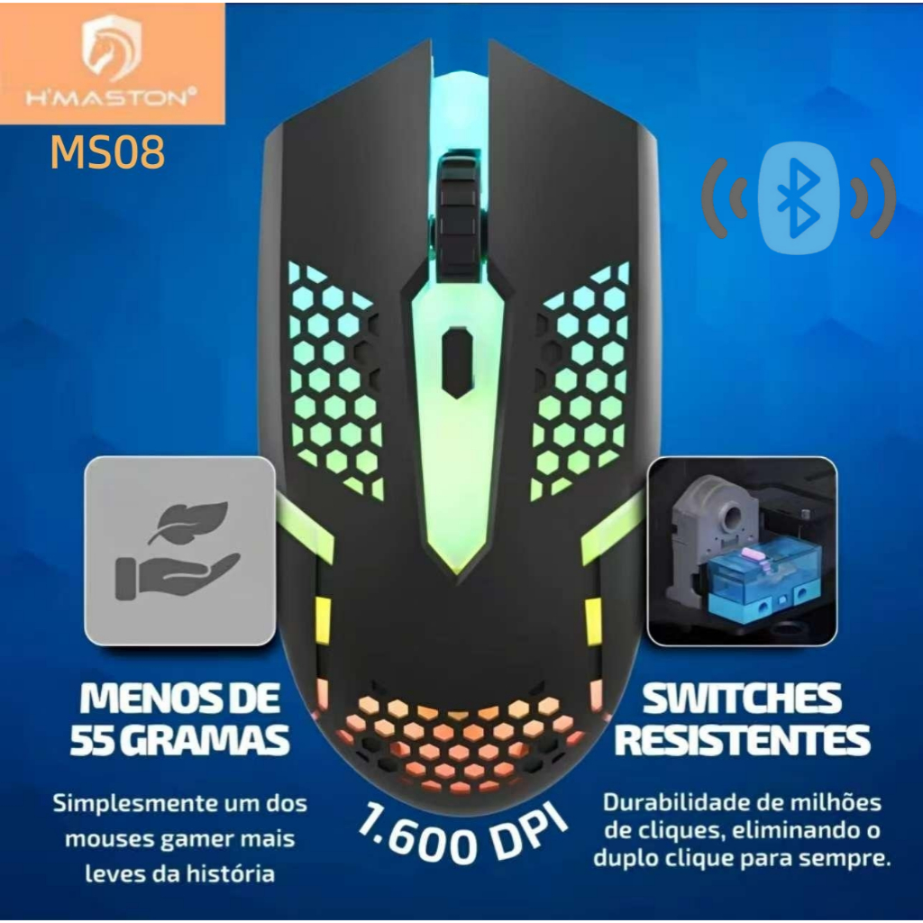 Mouse Bluetooth Sem Fio com RGB 1600 DPI para Gamer Recarregável Wireless Led Ergonômico H'maston