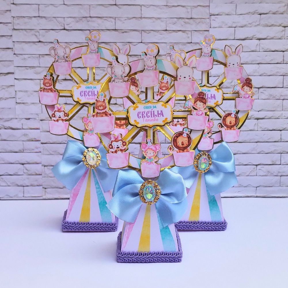Caixa Pirâmide Circo Rosa Luxo Roda Gigante – Lembrancinha Personalizada Festa Infantil – Circo Rosa Personalizado de Lu