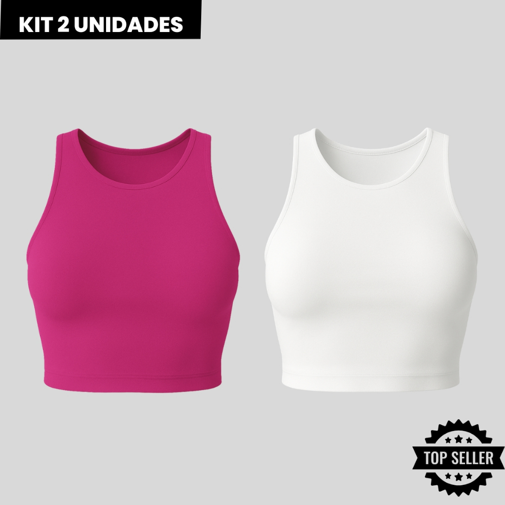 Kit 2 Cropped Top Feminino Regata Básico Academia Suplex Premium Duplo Zero Transparência Alta Compressão Confortável