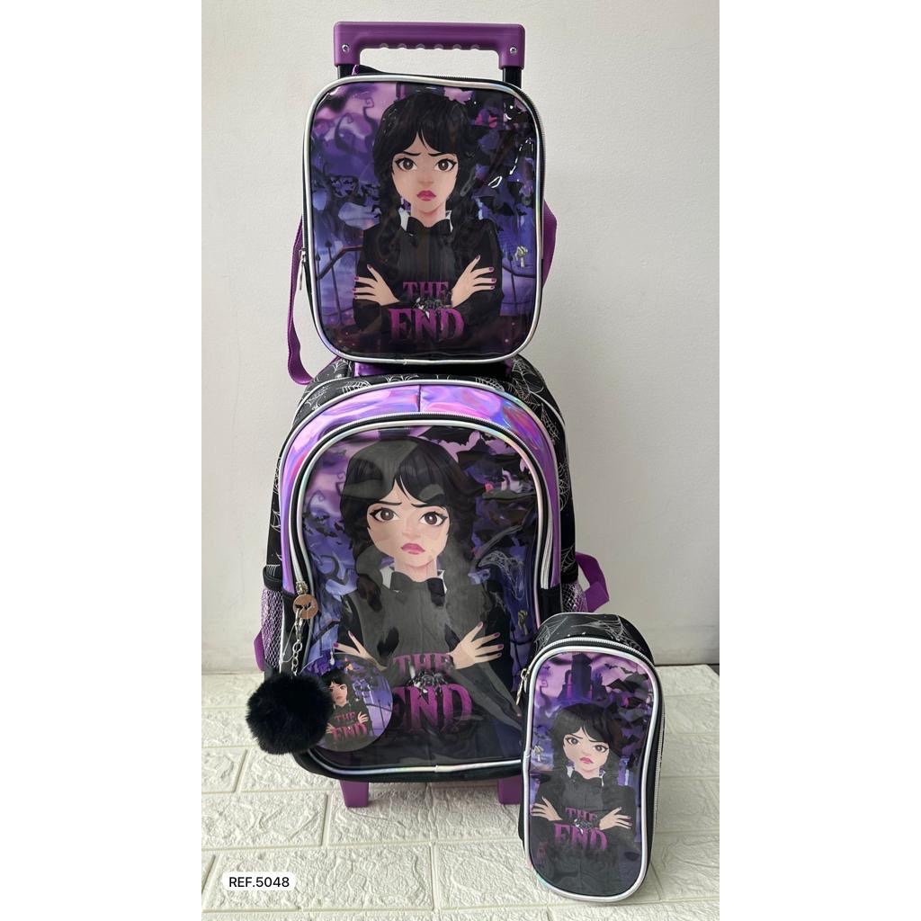 KIT MOCHILA CARRINHO ESCOLAR WANDINHA ORIGINAL LANCHEIRA ESTOJO 5048