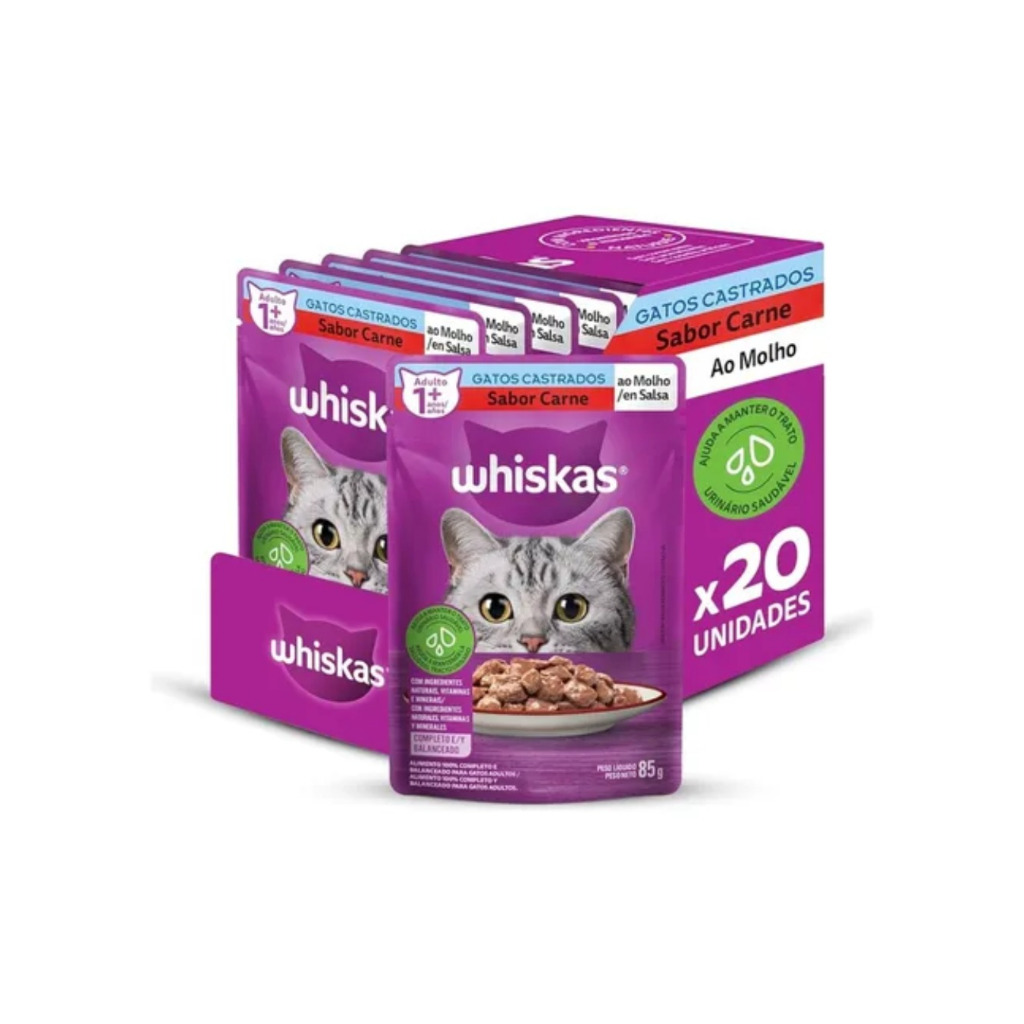 Kit Sachê Whiskas 20 Unidades Gatos Castrados Carne ao Molho