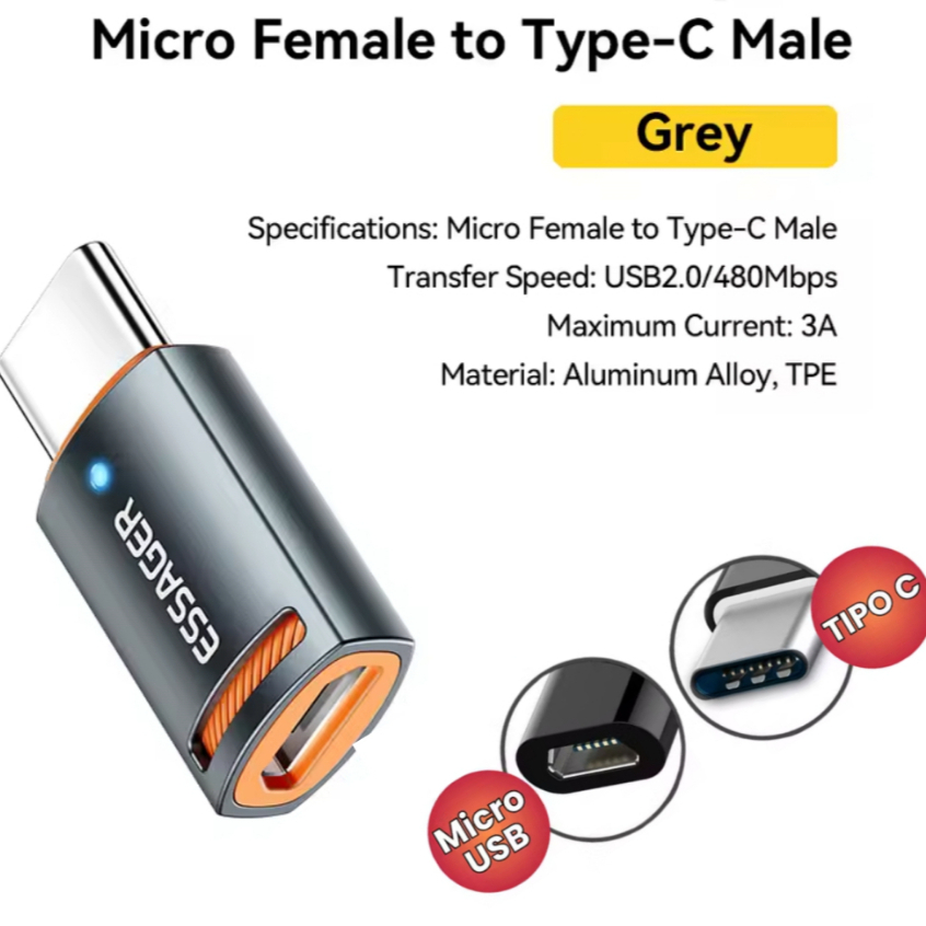 Adaptador ESSAGER OTG USBc Macho para USB Micro ou V8 Fêmea