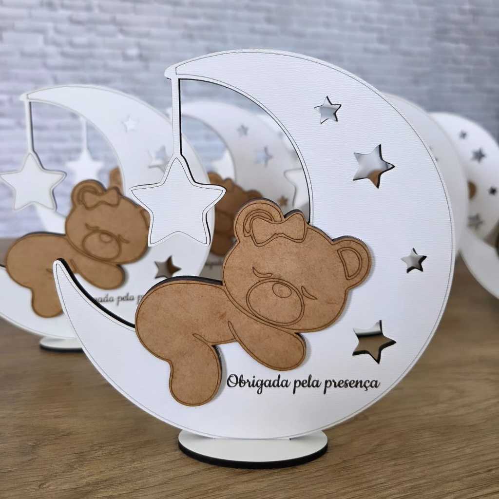 Kit 6 Centros De Mesa MENINA BEBE Lembrancinha Ursinha Com laço Na Lua Em MDF Branco