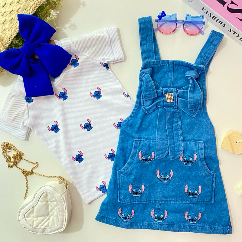 Conjunto Infantil Jardineira Vestido Jeans Com Blusa Menina Blogueirinha Roupa Infantil Estilosa