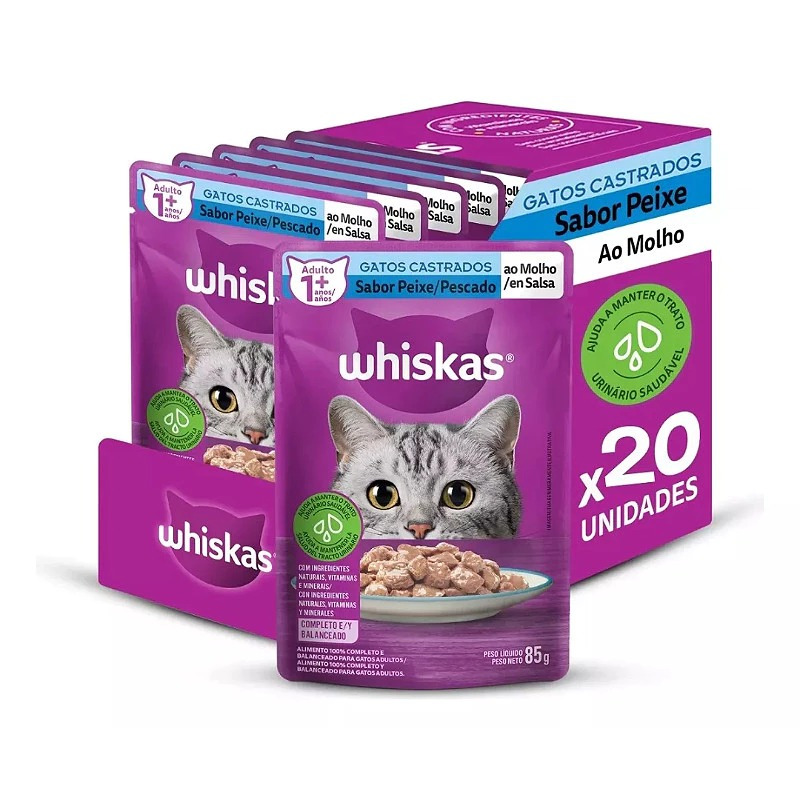 Kit Sachê Whiskas 20 Unidades Gato Castrado Sabor Peixe Pescado