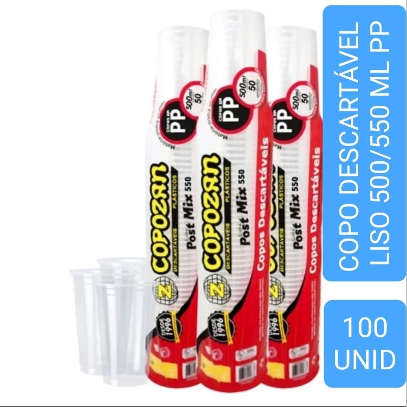 COPO DESCARTÁVEL LISO PP 500/550 ML POST MIX COPOZAN COM TAMPA 100 UNIDADES.