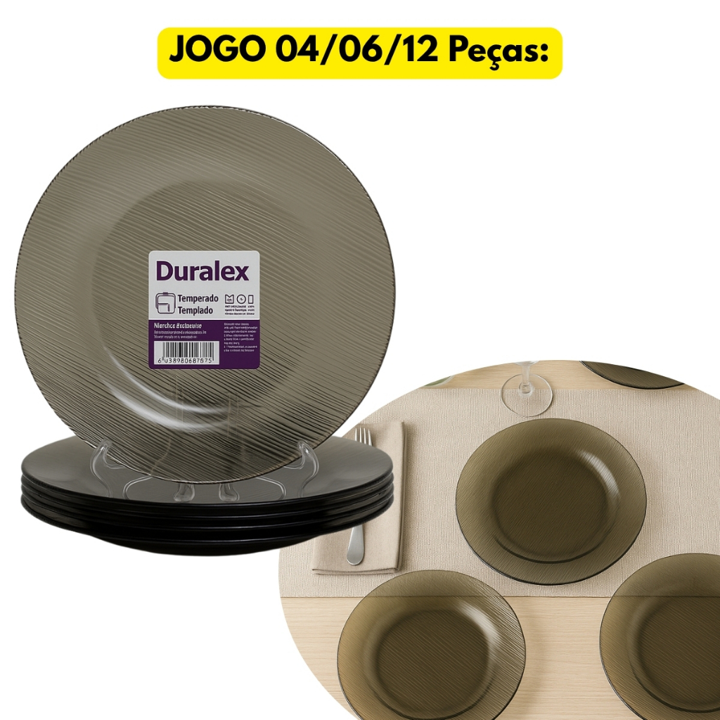 Jogo Kit 04/06/12 Pratos Fundo Diamante Fumê Vidro Duralex Redondo Cinza Grafite Canelado Preto Sopa