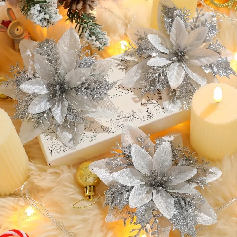 Kit 5 a 20 Flor Simulada Natal Tridimensional Bico de Papagaio Prata acessórios decoração árvore de Natal PRATA-XD802694