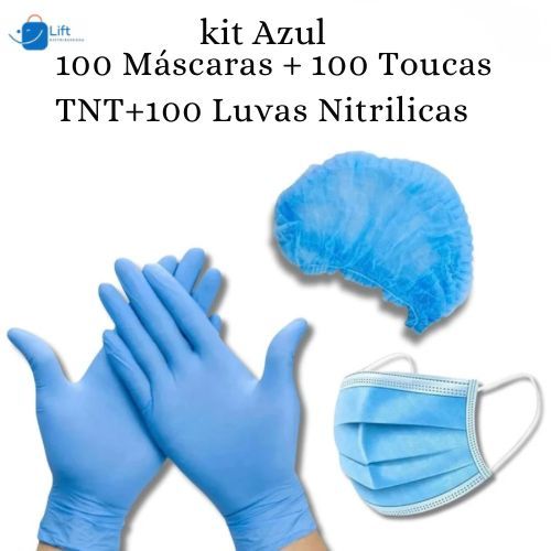 Kit 100 Luva Nitrilica  Azul + 100 Máscara Azul Tripla Camada + 100 Touca TNT Azul