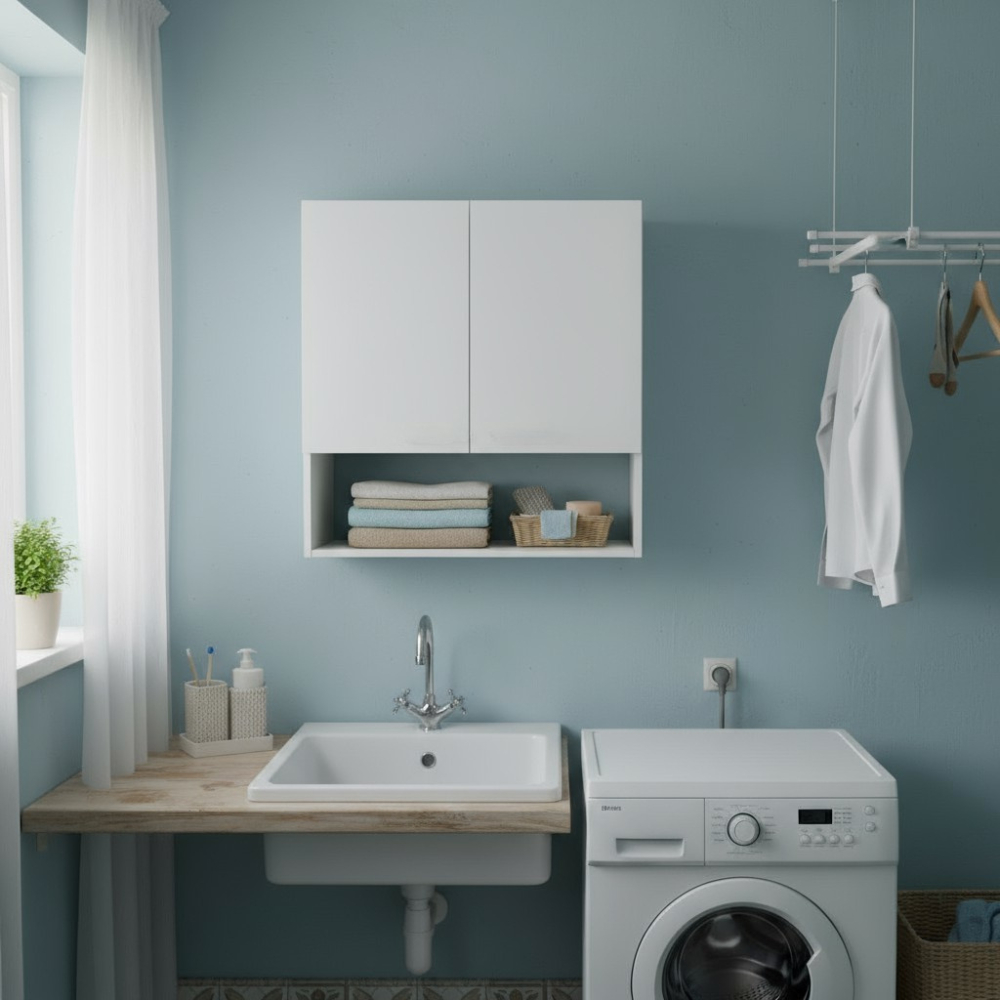 Armário e Nicho de Cozinha Aéreo Suspenso de Parede com 2 Portas Para Banheiro Cozinha e Lavanderia