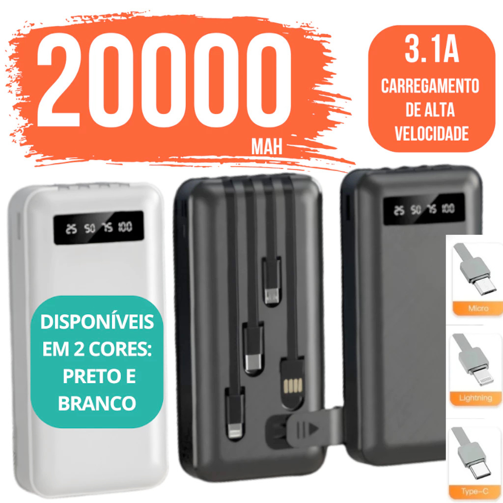 Carregador Power Bank Portátil de celular 20000mah Universal Saida 4 Cabos-JACKCELL