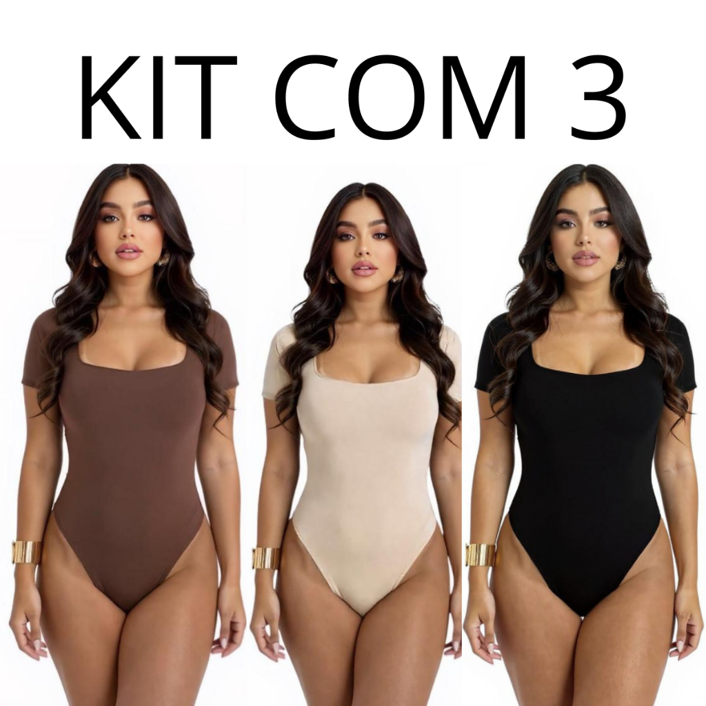 Kit 3 Body Feminino  Decote Quadrado Manga Curta Tecido Suplex Moda Verão Tendencia