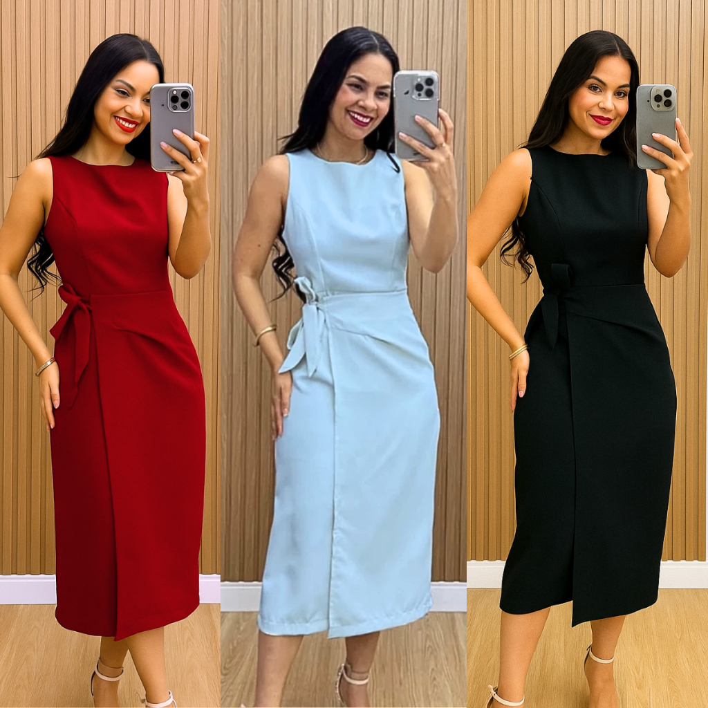 Vestido Feminino Amarração Lateral Alfaiataria Regata Midi Zíper nas Costas Social Elegante PMG Look Moda Evangélica em Oferta na Shopee