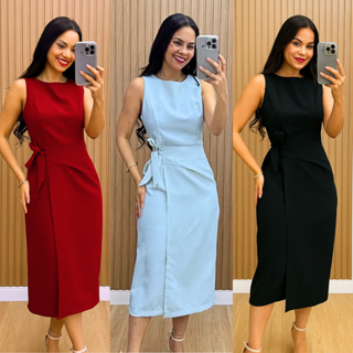 Vestido Feminino Amarração Lateral Alfaiataria Regata Midi Zíper nas Costas Social Elegante PMG Look Moda Evangélica em Oferta na Shopee
