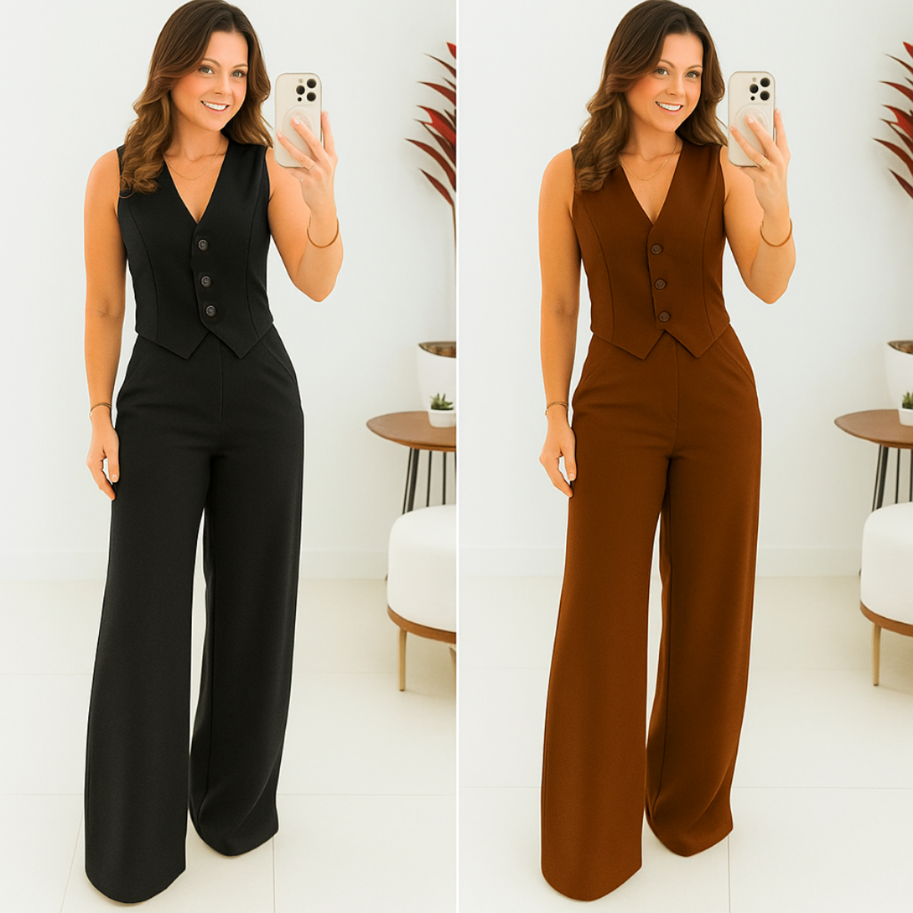 Conjunto Feminino Alfaiataria Blusa Colete e Calça Pantalona P M G GG Social Elegante com Botão Carnaval