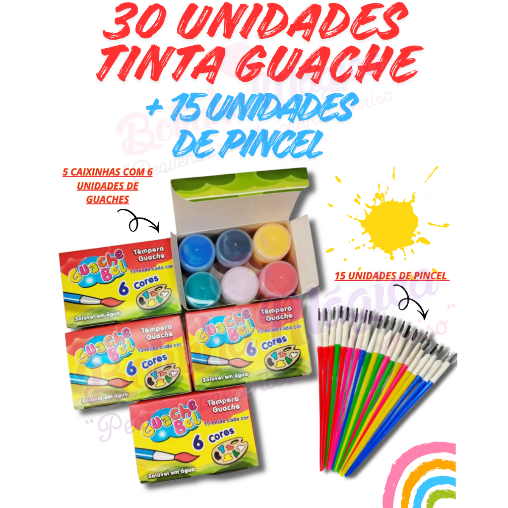 Kit  30 Unidades Tinta Guache15ml + 15 Unid. Pinceis Pintura Aquarela Escolar Lembrancinha Infantil em Oferta na Shopee