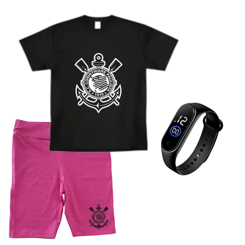 Conjunto infantil feminino camiseta short cotton e relogio do Timao 2 ao 14