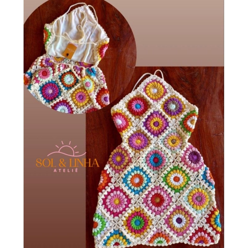 Vestido de Crochê Curto Colorido - Vestido luxo - Verão 2016, Praia- Crochê exclusivo- linha 100% algodão