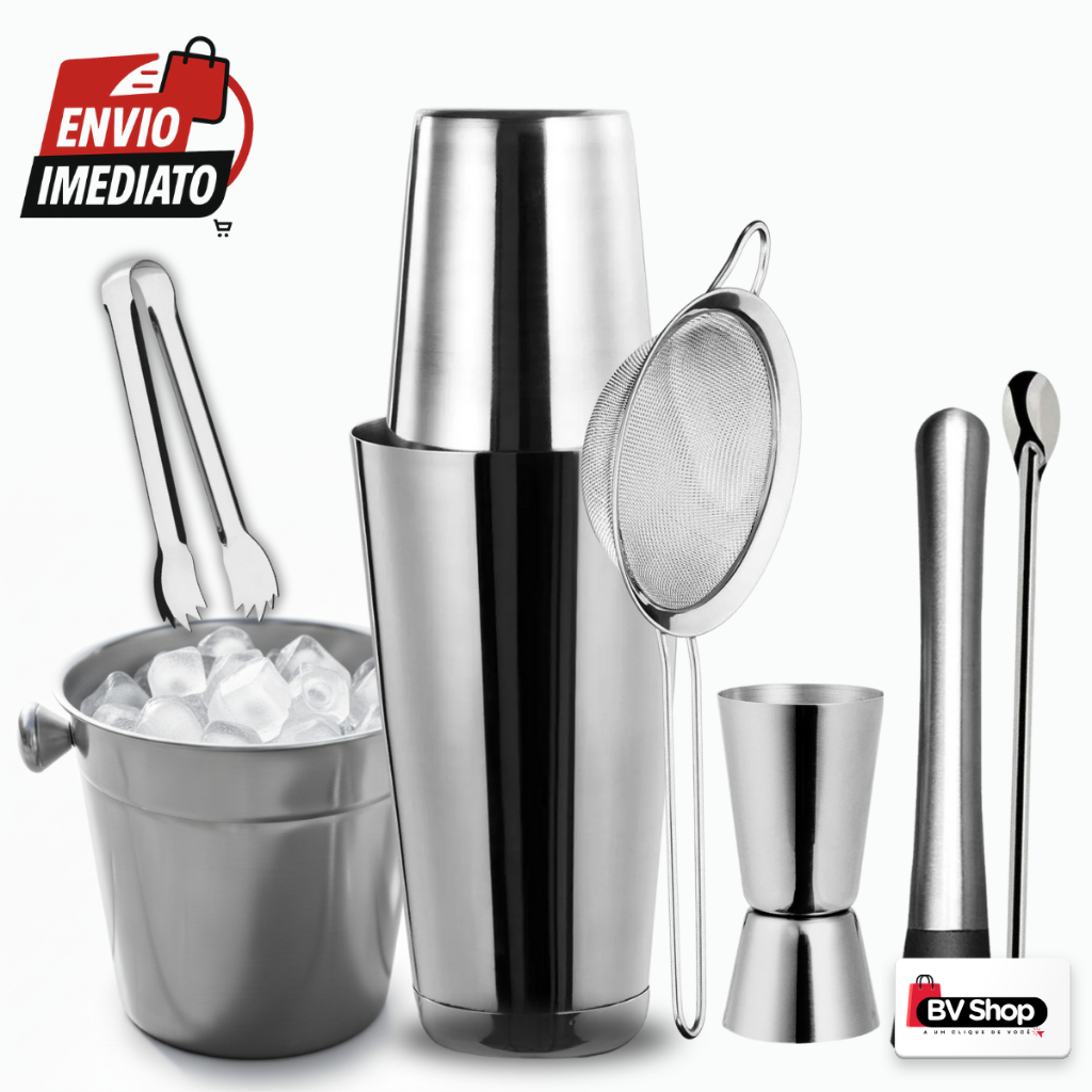 Kit Bartender Completo 7 Peças em Inox - Coqueteleira, Balde de Gelo e Dosador | Envio Imediato