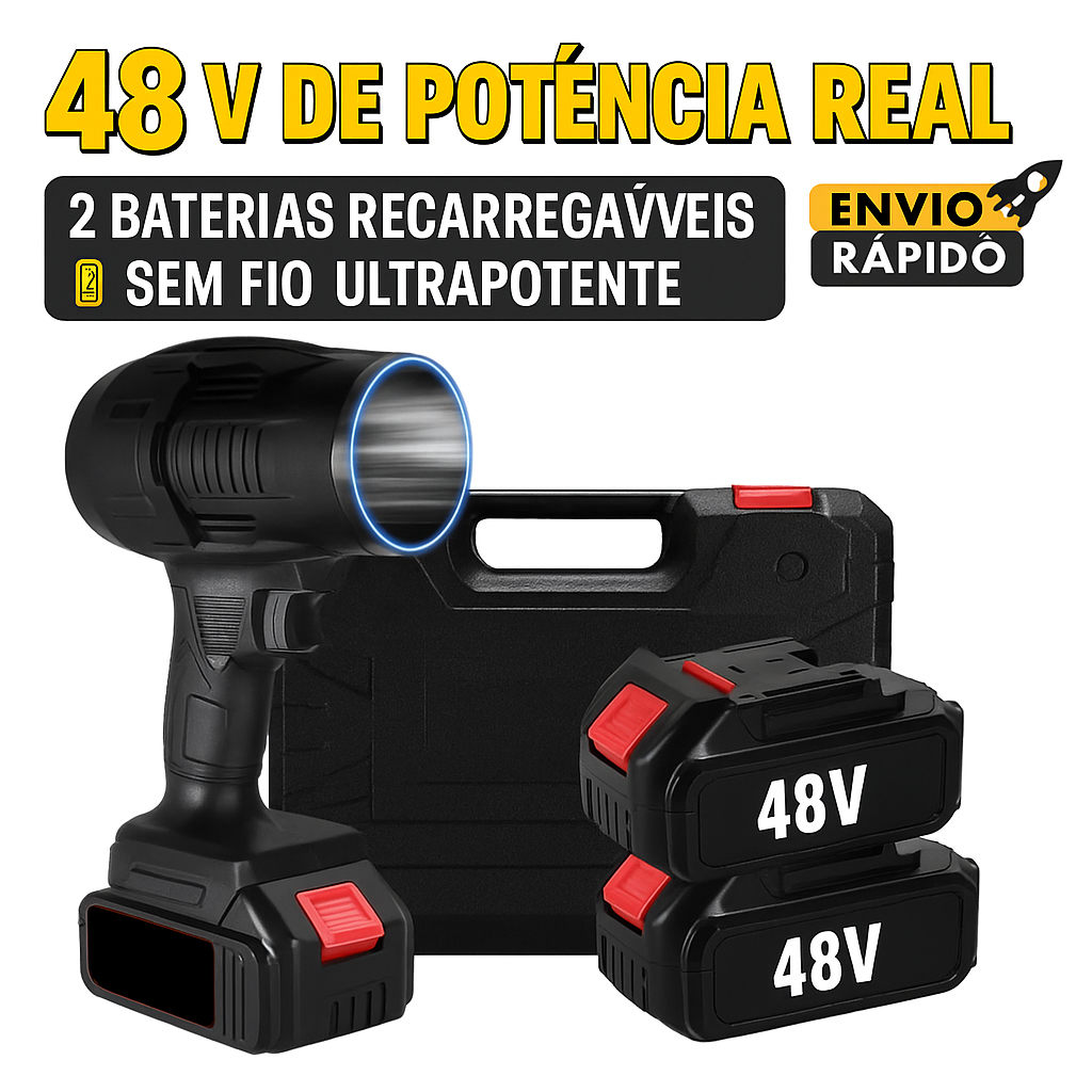 Soprador Turbo Portátil 48V Recarregável 2 Baterias Alta Potência para Limpeza Automotiva e Doméstica Forte