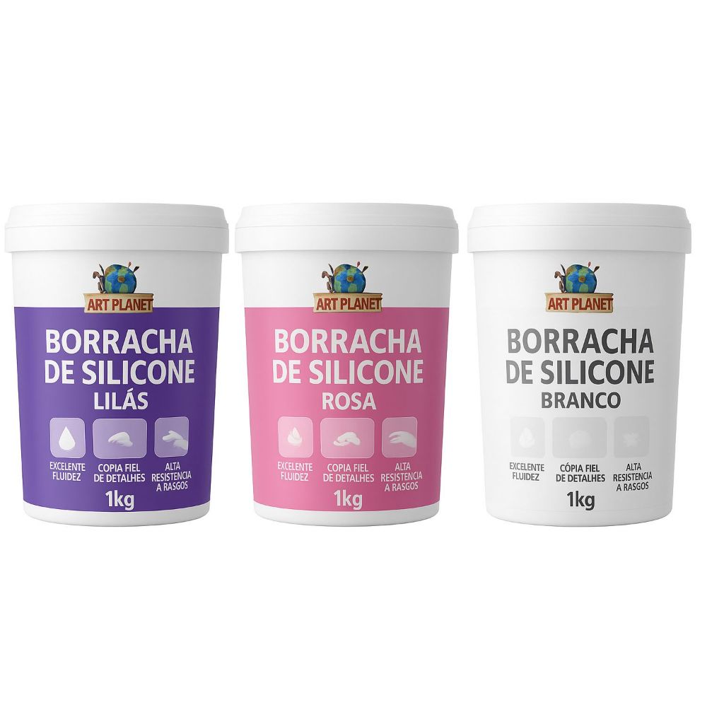 Kit 3 Cores de Borracha de Silicone Art Planet (Lilás, Branco e Rosa – 3kg + catalisadores)