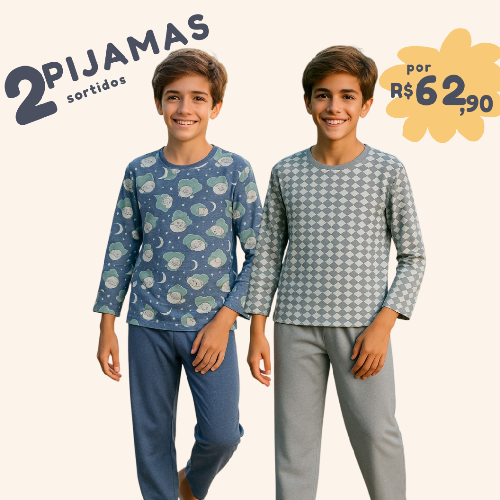 Kit 2 Pijamas Comprido Infantil Menino Inverno Quentinho Sortido Confortável