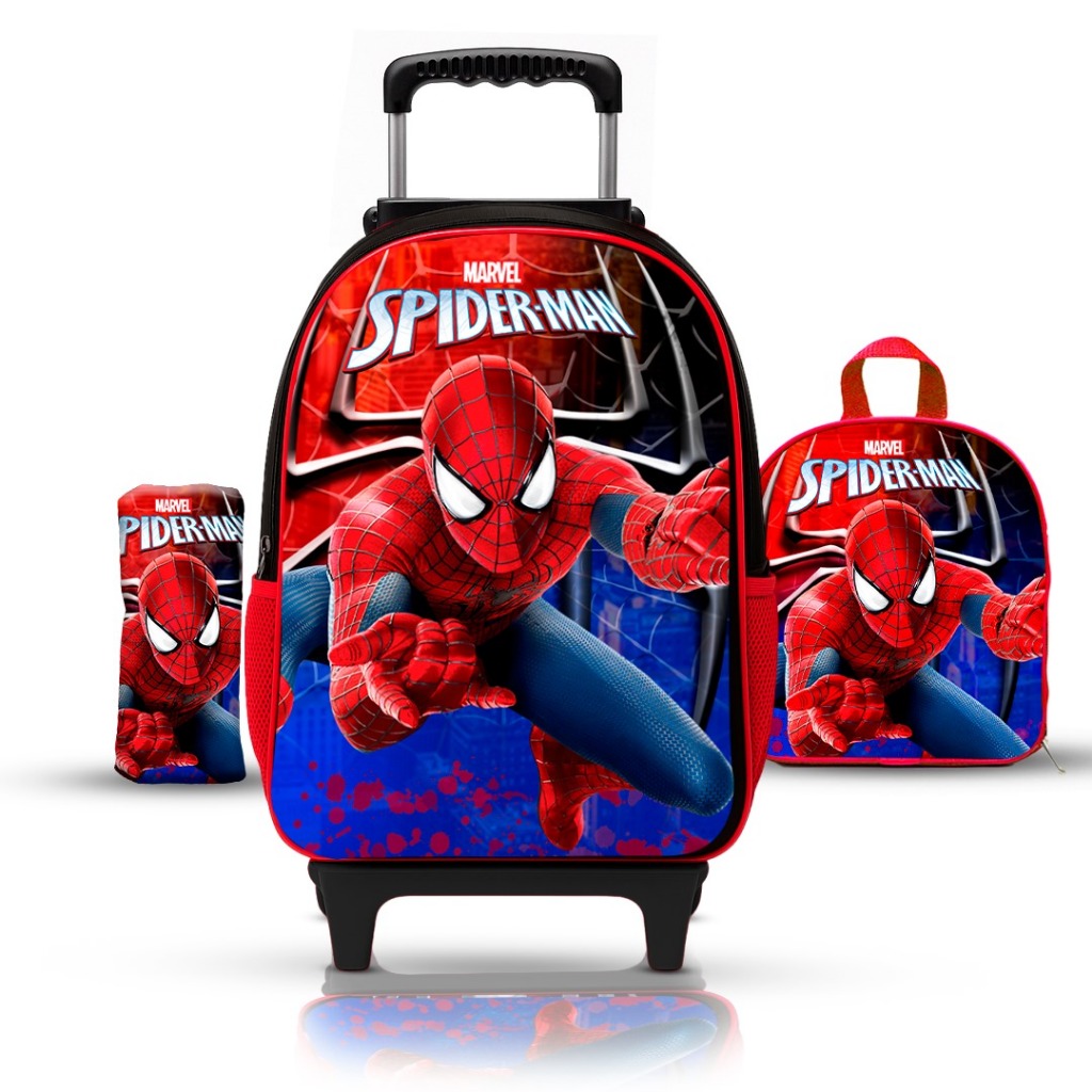KIT mochila Do Homem aranha com lancheira e Estojo de Rodinhas de silicone