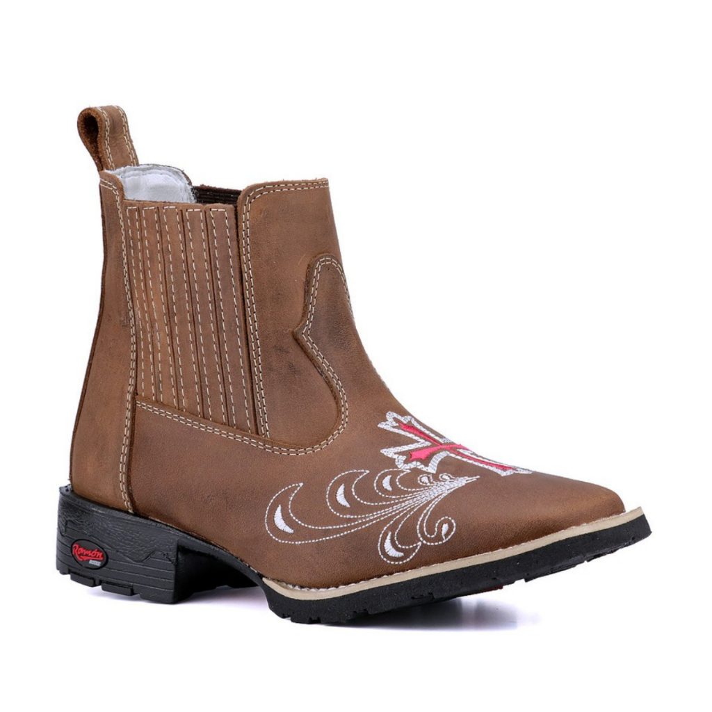 Bota Texana Feminina Cano Curto Bordada Em Couro Bico Quadrado Botina Macia