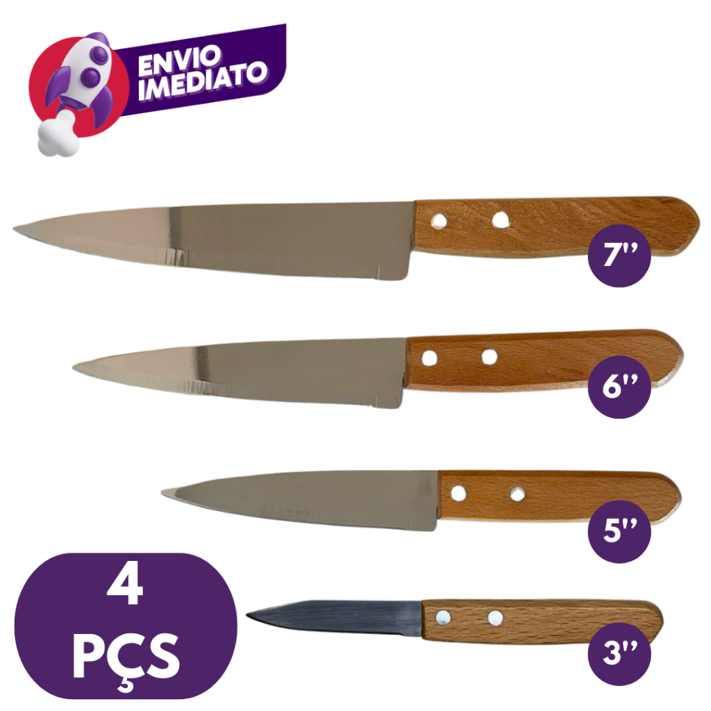 Imagem Kit Faca Peixeira Profissional 3", 5”, 6” e 7” Aço Inox Cabo Madeira Churrasco Cozinha Bar